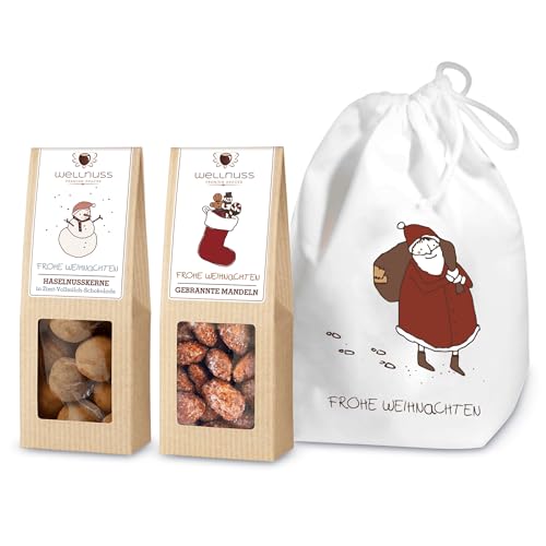 WELLNUSS Winterwunder - Premium Weihnachts-Geschenk für Männer & Frauen I 2 Nuss- & Schokoladen-Snacks im Baumwollsäckchen zu Weihnachten I Feinkost Geschenkidee für Eltern, Partner, Freunde von wellnuss