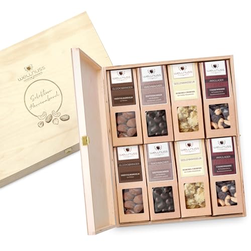 Geschenkset "Herrenabend Best of Chocolate" mit edlen Nüssen und Schokolade | 8 Premium Snacks in der Birkenholzbox | Geschenk für Mann, Freund, Vater, Bruder, Opa | wellnuss Premium Präsente von wellnuss