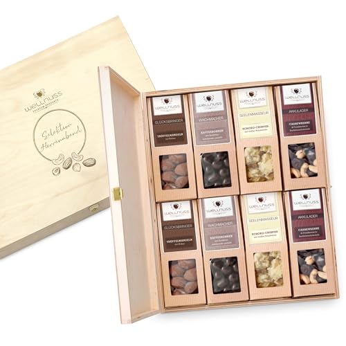 WELLNUSS Geschenkset für Männer "Herrenabend - Best of Chocolate" | 8 Nussmischungen mit Schokolade in der Birkenholzbox (8 x 60-70 g) | Geschenk für Mann, Freund, Papa, Opa zum Geburtstag, Vatertag von wellnuss