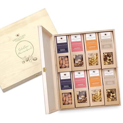 WELLNUSS "Herrenabend - Nuss Selektion“ - Premium Geschenk-Set für Männer I 8 außergewöhnliche Nuss-Snacks in hochwertiger Birkenholzbox I Feinkost Geschenkidee für Mann, Chef, Vater von wellnuss