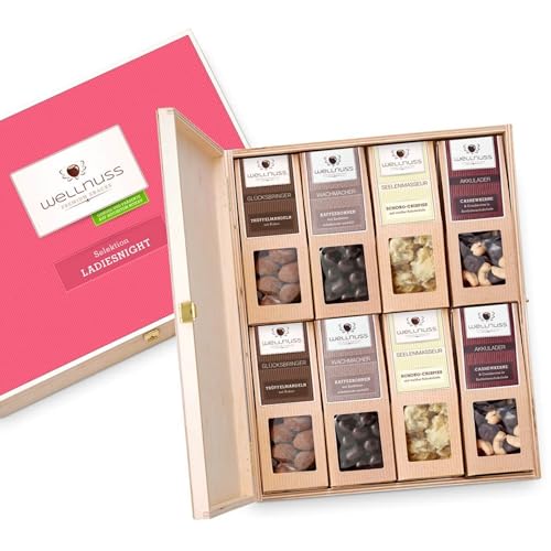 WELLNUSS "Ladiesnight“ - Premium Geschenk-Set für Frauen I 8 Nuss- & Schokoladen-Snacks I Geschenkidee für Frau, Freundin, Mutter, Schwester (8 Snacks in der Birkenholzbox, Best of Chocolate) von wellnuss