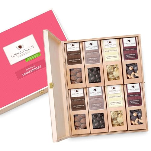 WELLNUSS Ladiesnight "Schokoladen Selektion“ - Premium Geschenk für Frauen I 8 außergewöhnliche Nuss-Snacks in hochwertiger Birkenholzbox I Feinkost Geschenkidee für Frauen von wellnuss