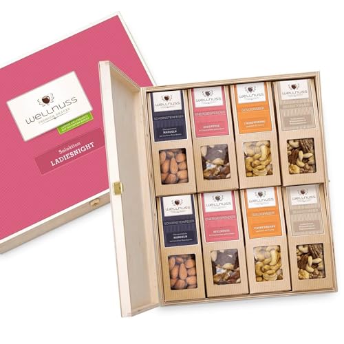 WELLNUSS Geschenkset für Frauen "Ladiesnight“ mit edlen Nussmischungen | 8 Premium Snacks in der Birkenholzbox (8 x 60-70 g) I Vegan I Geschenk für Frau, Freundin, Mama I Zum Geburtstag, Muttertag von wellnuss