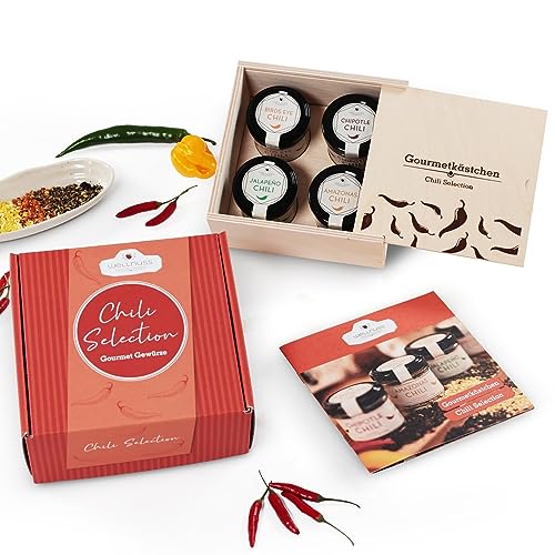 WELLNUSS 4er Chili Geschenkbox I 4 Chili Sorten mit bis zu 120.000 Scoville I Grillgeschenk in hochwertiger Birkenholzbox von wellnuss