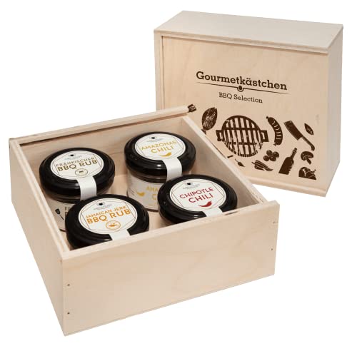 WELLNUSS Grillgewürze Geschenkset Männer, Chili Grill Gewürze Set und BBQ Rub in edler Birkenholzbox, Gewürzmischung mit scharfen Chiliflocken und exotischer Gewürz Variation von wellnuss