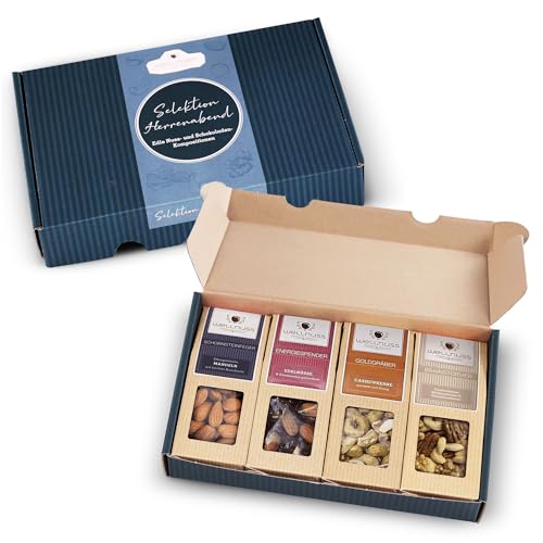 WELLNUSS Geschenkset für Männer "Herrenabend" mit edlen Nussmischungen | 4 Premium Snacks im Geschenkkarton (4 x 60-70 g) | Vegan | Geschenk für Mann, Freund, Papa, Opa zum Geburtstag, Vatertag von wellnuss