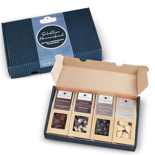 WELLNUSS Geschenkidee für Männer "Herrenabend - Best of Chocolate" | 4 Nussmischungen mit Schokolade im Geschenkkarton (4 x 60-70 g) | Geschenk für Mann, Freund, Papa, Opa zum Geburtstag, Vatertag von wellnuss