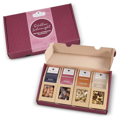 WELLNUSS "Ladiesnight“ - Premium Geschenk-Set für Frauen ***vegan*** I Nuss-Snacks I Geschenkidee für Frau, Freundin, Mutter, Schwester (4 Snacks im Geschenkkarton, Best of Nuts, vegan) von wellnuss