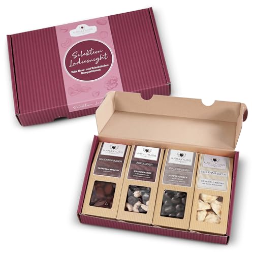 WELLNUSS "Ladiesnight“ - Premium Geschenk-Set für Frauen I 4 Nuss- & Schokoladen-Snacks I Geschenkidee für Frau, Freundin, Mutter, Schwester (4 Snacks im Geschenkkarton, Best of Chocolate) von wellnuss