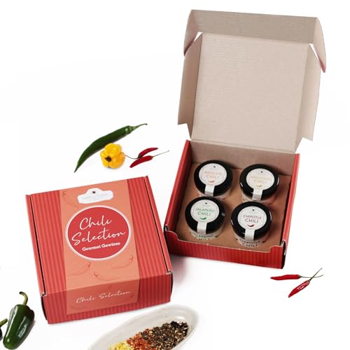 WELLNUSS 4er Chili Geschenkbox I 4 Chili Sorten mit bis zu 120.000 Scoville I Grillgeschenk in hochwertigem Geschenkkarton von wellnuss