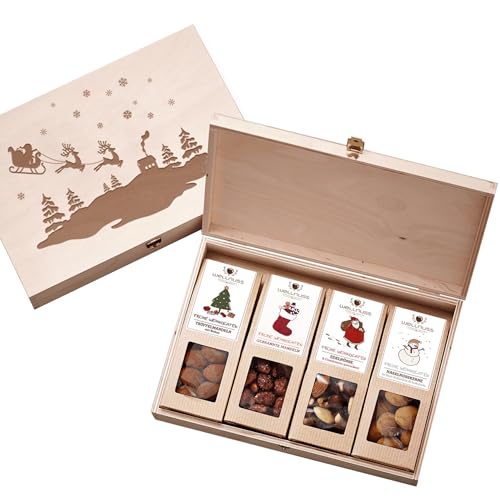 wellnuss "Limitierte Weihnachtsedition" - 4 Snacks in der Birkenholzbox | Gourmet Snackmischungen für Erwachsene aus Nüssen, Früchten & Schokolade | Das Besondere Geschenk zu Weihnachten von wellnuss