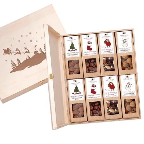 wellnuss "Limitierte Weihnachtsedition" - 8 Snacks in der Birkenholzbox | Gourmet Snackmischungen für Erwachsene aus Nüssen, Früchten & Schokolade | Das Besondere Geschenk zu Weihnachten von wellnuss