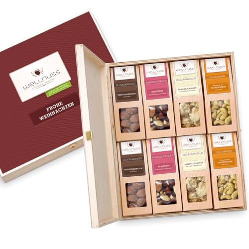 Wellnuss Geschenk zu Weihnachten: 8 Premium Nuss- und Schokoladen-Snacks in der Geschenkbox aus Birkenholz "Frohe Weihnachten" | Für Eltern, Schwager, Schwester, Kollege oder Freund von wellnuss