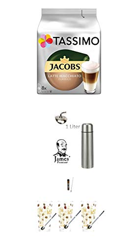 Tassimo Kapseln Jacobs Typ Latte Macchiato Classico, plus milchbehälter für kaffeevollautomaten plus 3 Latte Gläser mit Löffel von x
