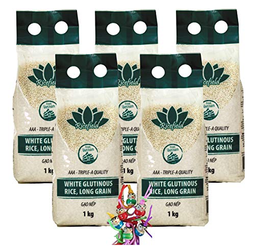 5er Pack - RICEFIELD Weißer Klebreis [ 5x 1 kg ] | Klebe Reis | Klebereis | White Glutinous Rice + ein kleiner Glücksanhänger gratis von yoaxia Marke