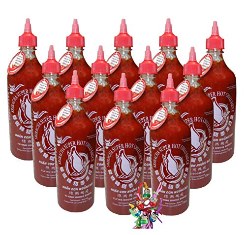 12er Pack - FLYING GOOSE [ 12x 730ml ] Sriracha sehr scharfe Chilisauce SUPERSCHARF (extra Chili) Chilli Sauce + ein kleiner Glücksanhänger gratis von yoaxia Marke