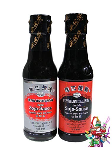 2 verschiedene Pearl River Bridge Sojasauce je 150ml [ dunkel & hell ] Soja-Sauce + ein kleines Glückspüppchen - Holzpüppchen von yoaxia Marke