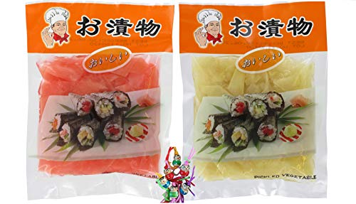 2er DUO Pack - [ 1x WEIß 1x ROT je 100g ATG ] Ingwerscheiben Sushi Ingwer | eingelegter Ingwer + ein kleiner Glücksanhänger gratis von yoaxia Marke