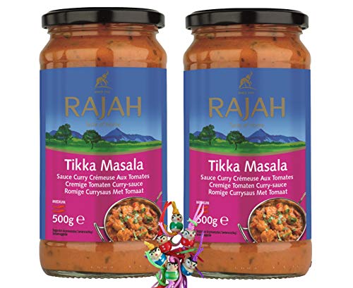 2er Pack - [ 2x 500g ] RAJAH [ Tikka Masala ] Cremige Tomaten Currysauce mittelscharf + ein kleines Glückspüppchen - Holzpüppchen von yoaxia Marke