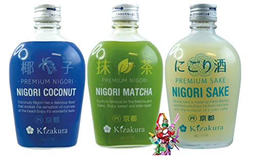 yoaxia ® - 3 Sorten Pack - [ 3x 300ml ] KIZAKURA Premium Nigori Sake (je 1x 300ml Nigori Coconut, Nigori Matcha, Nigori Sake) + ein kleiner Glücksanhänger gratis von yoaxia Marke