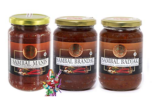3 Sorten Pack - [ je 1x 375g ] KONINGSVOGEL Sambal MANIS, BRANDAL, BADJAK + ein kleines Glückspüppchen - Holzpüppchen von yoaxia Marke