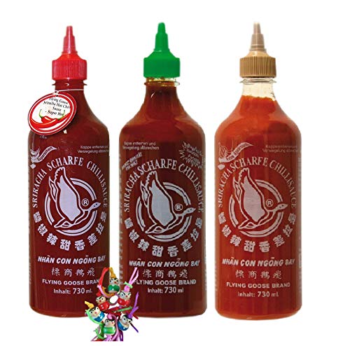 yoaxia ® - 3 Sorten Pack - [ je 1x 730ml ] FLYING GOOSE Sriracha Chilisauce - 3 verschiedene Geschmacksnoten + ein kleiner Glücksanhänger gratis von yoaxia Marke
