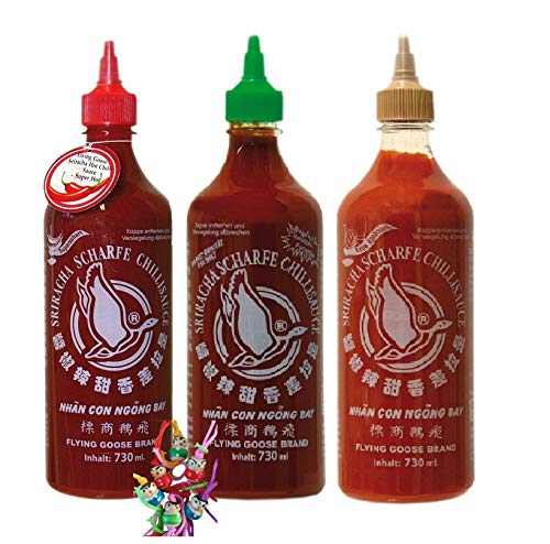 3 Sorten Pack - [ je 1x 730ml ] FLYING GOOSE Sriracha Chilisauce - 3 verschiedene Geschmacksnoten + ein kleiner Glücksanhänger gratis von yoaxia Marke
