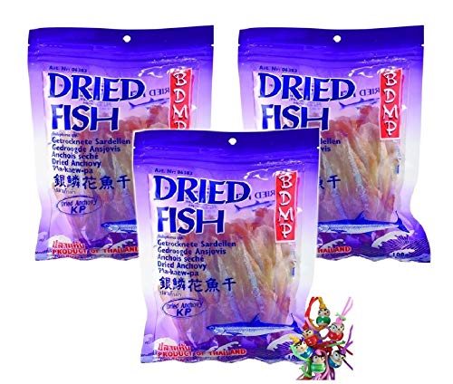 3er Pack - [ 3x 100g ] BDMP Getrocknete Sardellen Dried Anchovy Pla-kaew-pa-hang #3 + ein kleiner Glücksanhänger gratis von yoaxia Marke