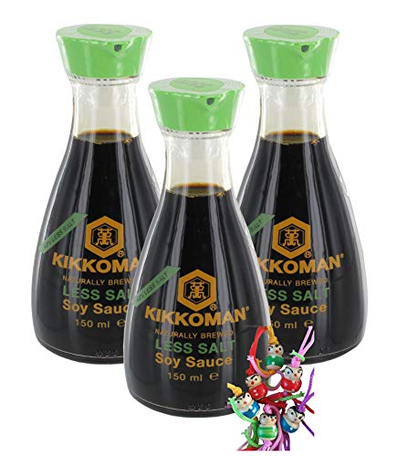 yoaxia ® - 3er Pack - [ 3x 150ml ] 43% weniger Salz als die traditionelle KIKKOMAN Sojasauce TISCHFLASCHE + ein kleiner Glücksanhänger gratis von yoaxia Marke