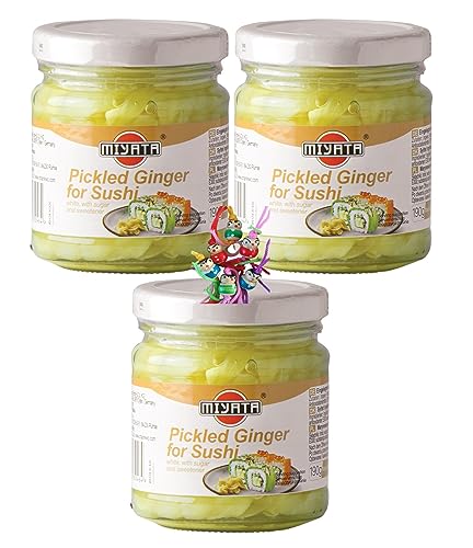 yoaxia ® - 3er Pack - [ 3x 190g / 110g ATG ] MIYATA Eingelegter Ingwer für Sushi / eingelegte Ingwerscheiben + ein kleiner Glücksanhänger gratis von The Great Canadian Tea