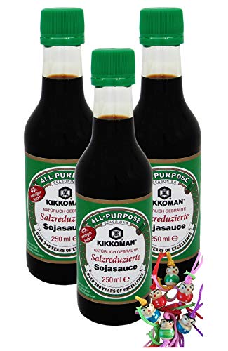 yoaxia ® - 3er Pack - [ 3x 250ml ] 43% weniger Salz als die traditionelle KIKKOMAN/SALZREDUZIERTE Sojasauce + ein kleiner Glücksanhänger gratis von yoaxia Marke