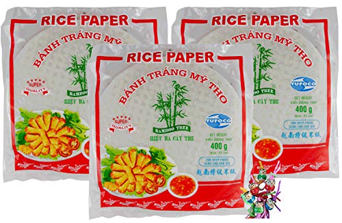 3er Pack - [ 3x 400g ] Reispapier, rund Ø 22cm zum Frittieren | Bahn Trang My Tho + ein kleiner Glücksanhänger gratis von Yoaxia