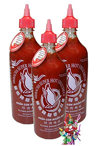 3er Pack - FLYING GOOSE [ 3x 730ml ] Sriracha sehr scharfe Chilisauce SUPERSCHARF (extra Chili) Chilli Sauce + ein kleiner Glücksanhänger gratis von yoaxia Marke