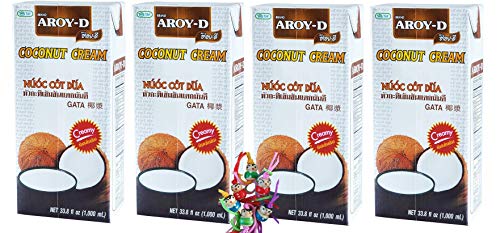 yoaxia ® - 4er Pack - [ 4x 1000ml ] AROY-D Kokosnusscreme mit E435 / Kokoscreme / Cocoscreme / Coconut Cream + ein kleines Glückspüppchen - Holzpüppchen von yoaxia Marke