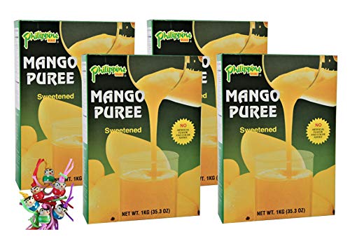 yoaxia ® - 4er Pack - [ 4x 1kg ] Philippine BRAND MangoPüree / Mango - Fruchtmark GESÜßT MANGO PUREE + ein kleines Glückspüppchen - Holzpüppchen von yoaxia Marke