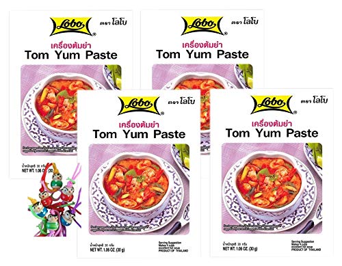 yoaxia ® - 4er Pack - [ 4x 30g ] LOBO Tom Yum Würzpaste / Tom Yum Paste + ein kleines Glückspüppchen - Holzpüppchen von yoaxia Marke