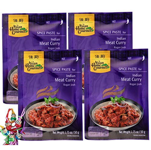 yoaxia ® - 4er Pack - [ 4x 50g ] ASIAN HOME GOURMET Würzpaste für Indisches Curryfleisch Rogan Josh + ein kleines Glückspüppchen - Holzpüppchen von yoaxia Marke