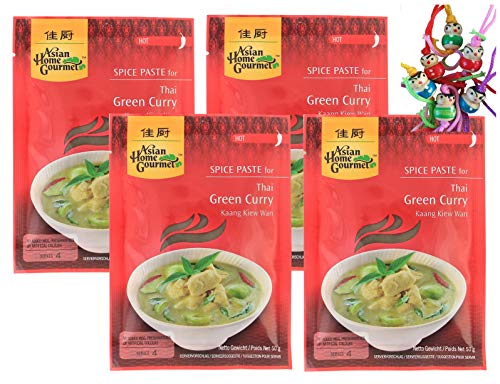 yoaxia ® - 4er Pack - [ 4x 50g ] ASIAN HOME GOURMET Würzpaste für thailändisches grünes Curry Kaang Kiew Wan + ein kleines Glückspüppchen - Holzpüppchen von yoaxia Marke