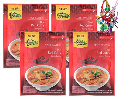 yoaxia ® - 4er Pack - [ 4x 50g ] ASIAN HOME GOURMET Würzpaste für thailändisches rotes Curry / Kaang Daeng + ein kleines Glückspüppchen - Holzpüppchen von yoaxia Marke