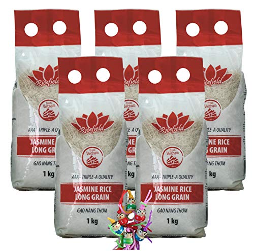 yoaxia ® - 5er Pack - [ 5x 1 kg ] RICEFIELD Jasminreis, Langkorn / Jasmine Rice Long Grain + ein kleiner Glücksanhänger gratis von yoaxia Marke