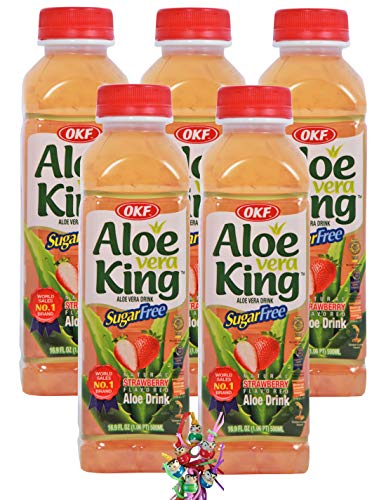 yoaxia ® - 5er Pack - [ 5x 500ml ] OKF SUGAR FREE Aloe Vera King Getränk ERDBEER Geschmack / Aloe Vera Drink inkl. 5x€0,25 Einwegpfand + ein kleines Glückspüppchen - Holzpüppchen von yoaxia Marke