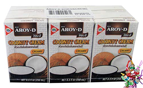 yoaxia ® - 6er Pack - [ 6x 250ml ] AROY-D Kokosnusscreme mit E435 / Kokoscreme / Cocoscreme / Coconut Cream + ein kleines Glückspüppchen - Holzpüppchen von yoaxia Marke