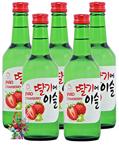 5er Pack - [ 5x 360ml ] HITEJINRO Soju Jinro Strawberry/Soju mit Erdbeergeschmack Alc. 13% vol. + ein kleiner Glücksanhänger gratis von yoaxia Marke