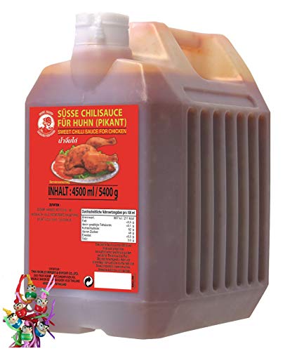 [ 4.500ml ] COCK Süße Chilisauce für Huhn (Pikant) RESTAURANT GRÖßE (Kanister) + ein kleines Glückspüppchen - Holzpüppchen von yoaxia Marke