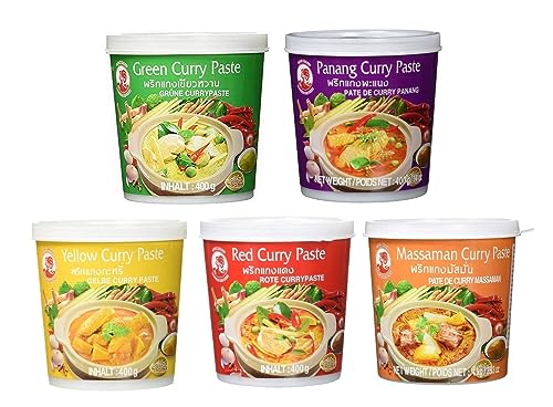 yoaxia ® Marke: 5er Pack - [ 5x 400g ] 5 verschiedene Curry Paste je 1x400g [Rote, Gelbe, Grüne, Panang, Matsaman] + ein kleines Glückspüppchen - Holzpüppchen von yoaxia Marke