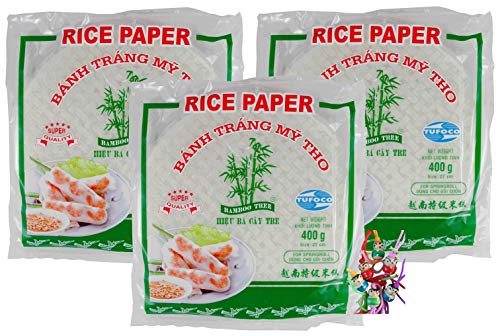 yoaxia ® - 3er Pack - [ 3x 400g ] Reispapier, rund Ø 22cm für Frühlingsrollen / Bahn Trang My Tho + ein kleiner Glücksanhänger gratis von Yoaxia
