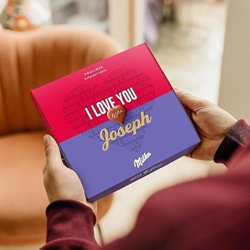 Milka Schokolade Personalisiert - Herzförmige Pralinen, Schokoladengeschenke mit Haselnuss-Nougat Cremefüllung (110 gramm, Milka) von your surprise