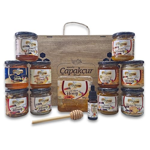 Honig-Geschenkset im Holzkoffer | Probierset mit 9 verschiedenen Honigen + Honigwabe + Propolis Extrakt + Blütenpollen + Holz-Honiglöffel | Bienenhonig in bester Qualität aus dem Hochland von Bingöl von zanasta